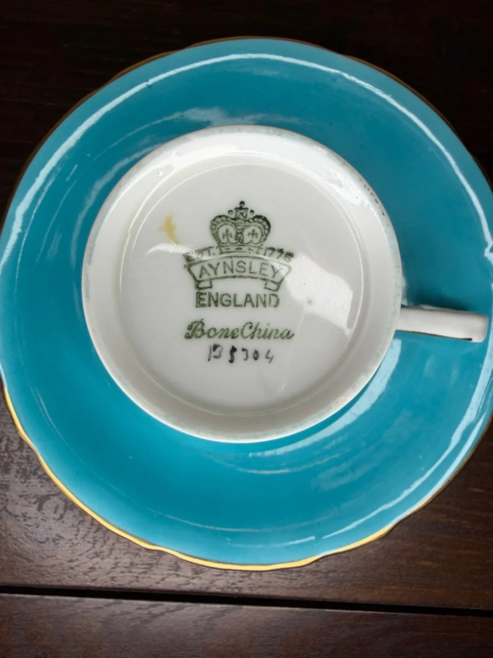 Vintage Aynsley Turquoise Teacup Saucer Set B5304 Cabbage Rose Gold Gilt 1960s